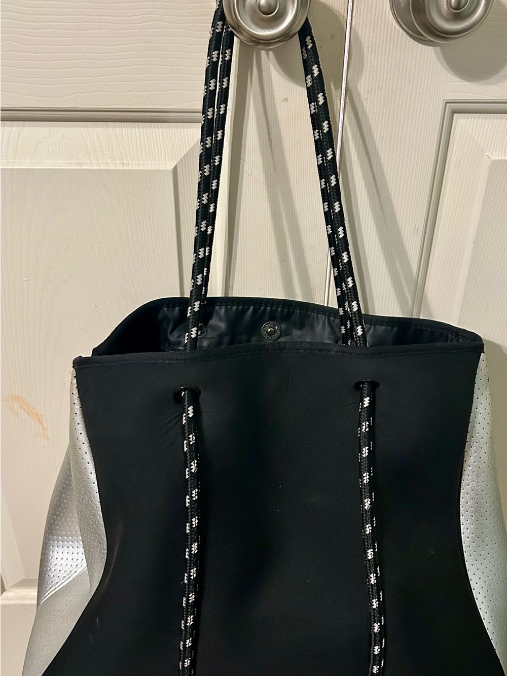 Black Tote Bag with Silver Accents and Rope Handles